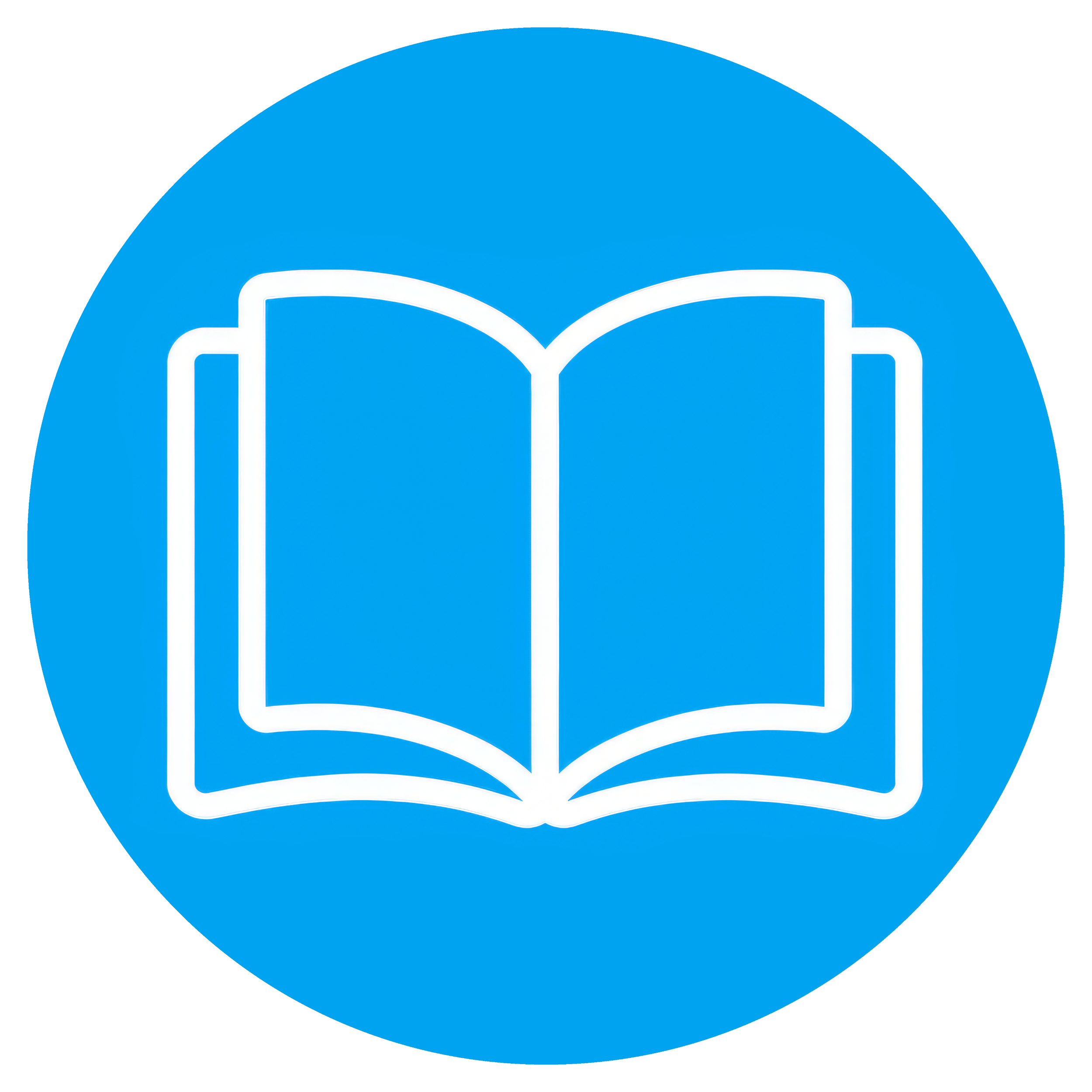 Blue circular icon with white open book symbol in the center.