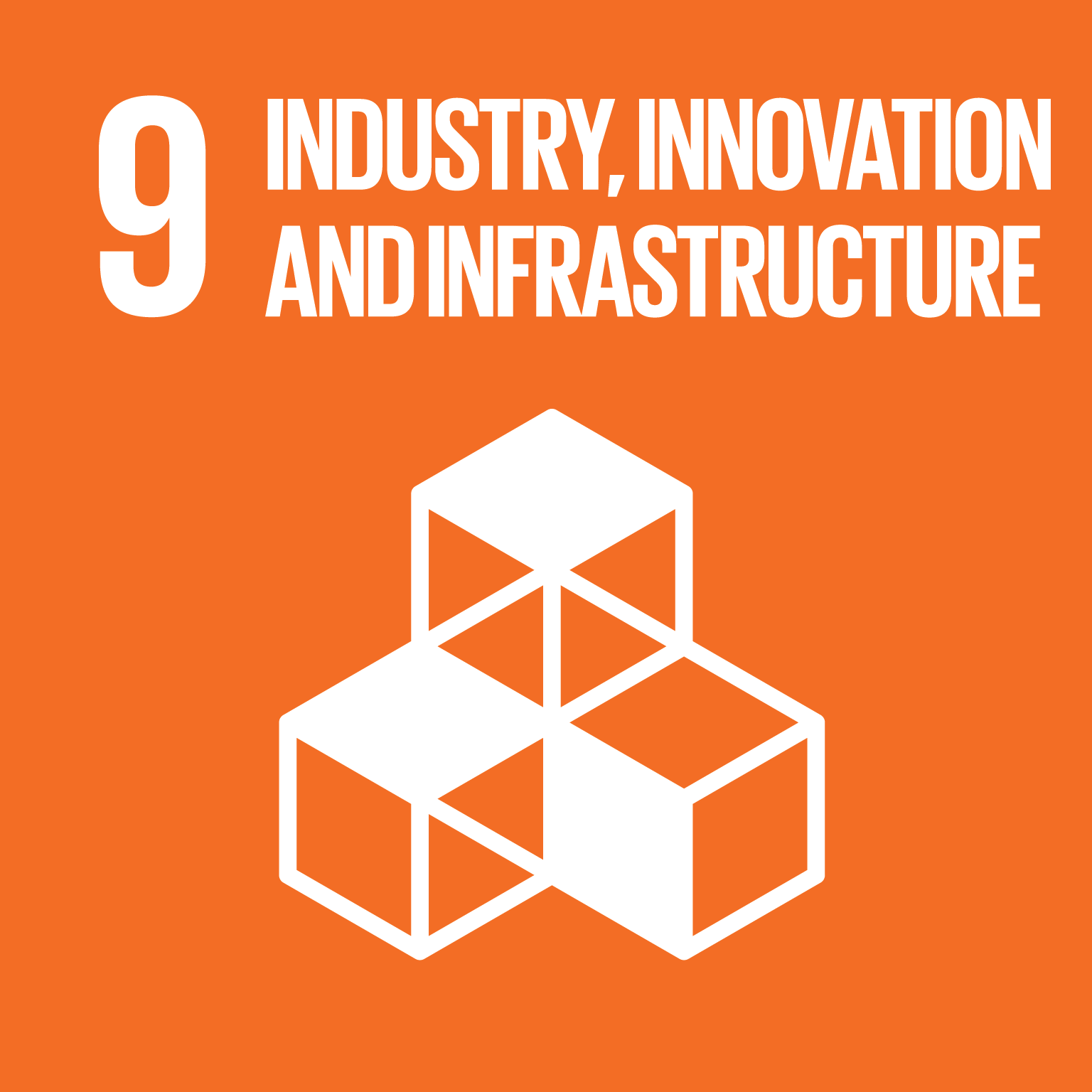 Graphic design featuring a bold orange background with white text that reads "9 Industry, Innovation and Infrastructure" and an abstract white geometric illustration resembling interconnected blocks.