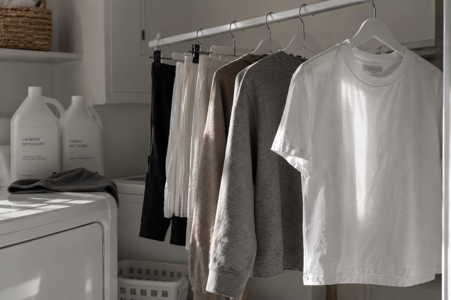 Clothes hanging on a white rack in a laundry room, with detergent and fabric softener bottles on a counter to the left.