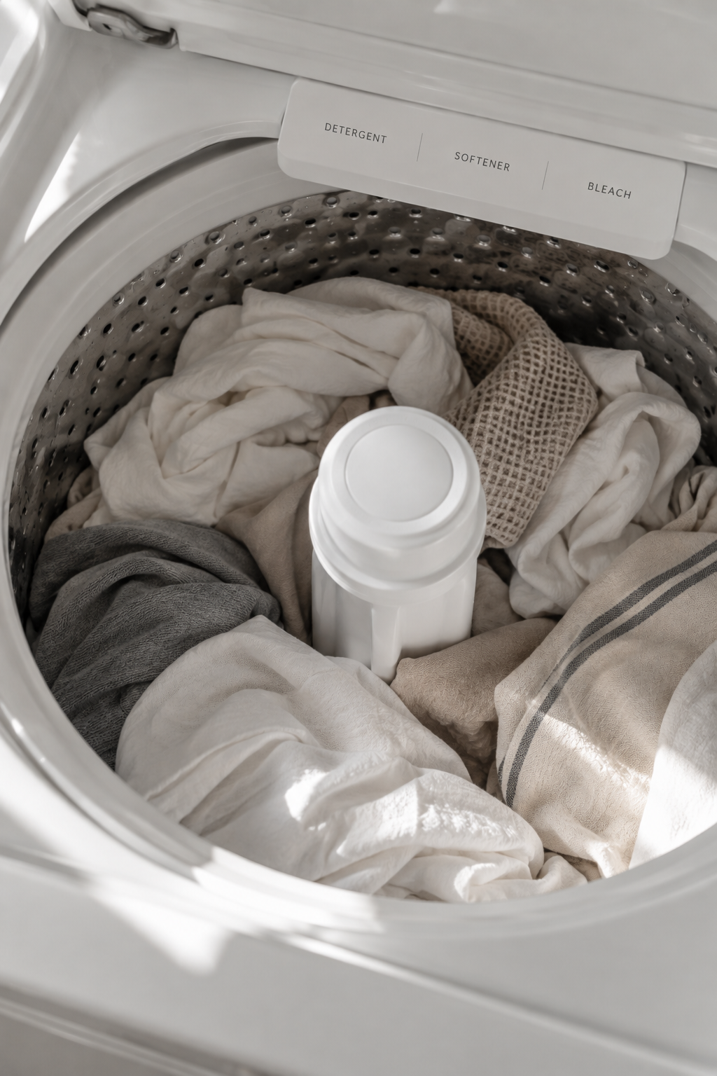 Inside of a washing machine with mixed laundry including white, gray, and beige clothes and an empty white cup, with detergent, softener, and bleach compartments visible.