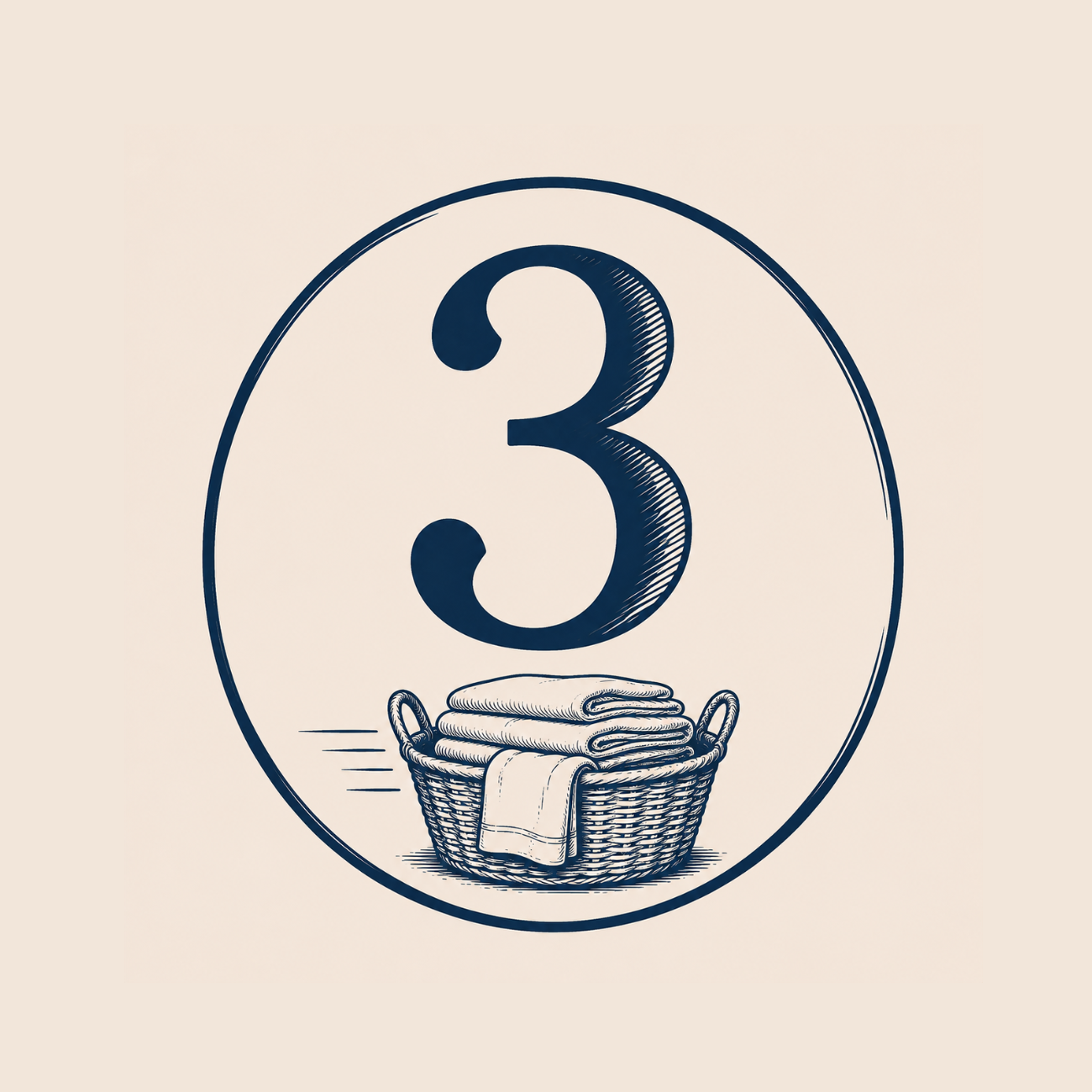 Number 3 inside a circle with a laundry basket filled with folded towels at the bottom.