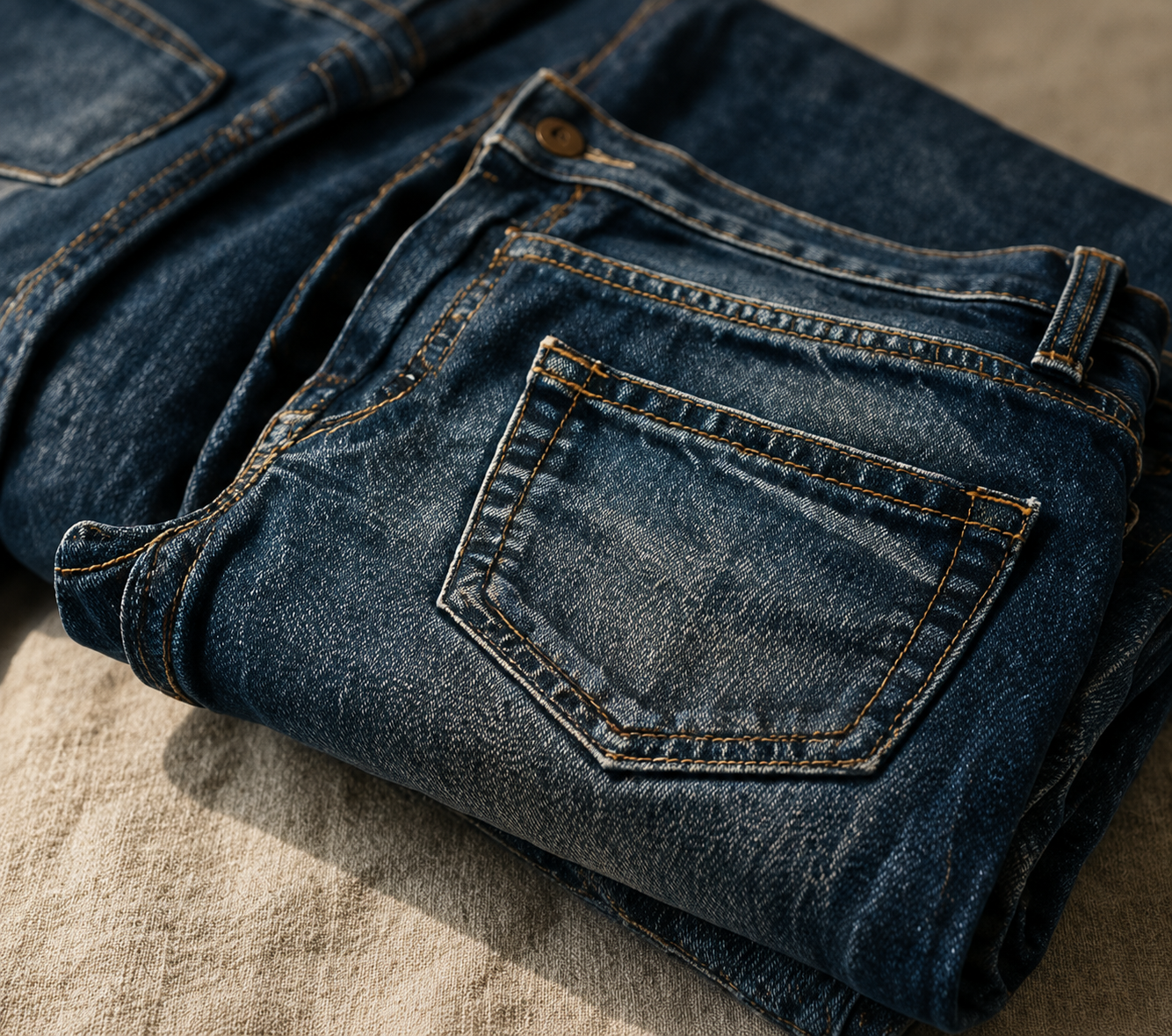 Folded pairs of blue denim jeans with detailed stitching, placed on a soft surface.