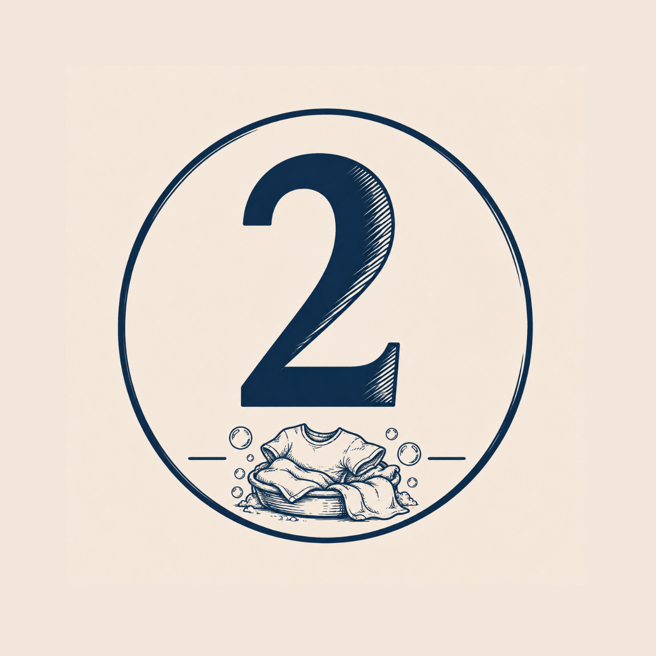 Number 2 with a laundry basket filled with clothes and soap bubbles at the bottom.