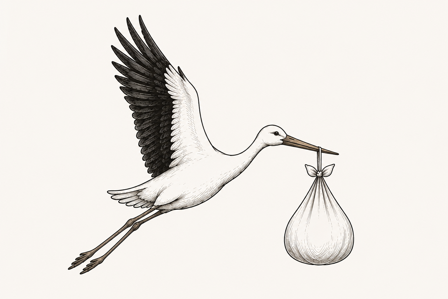 An illustration of a stork flying, carrying one tied cloth bag hanging from its beak, with wings partially spread.