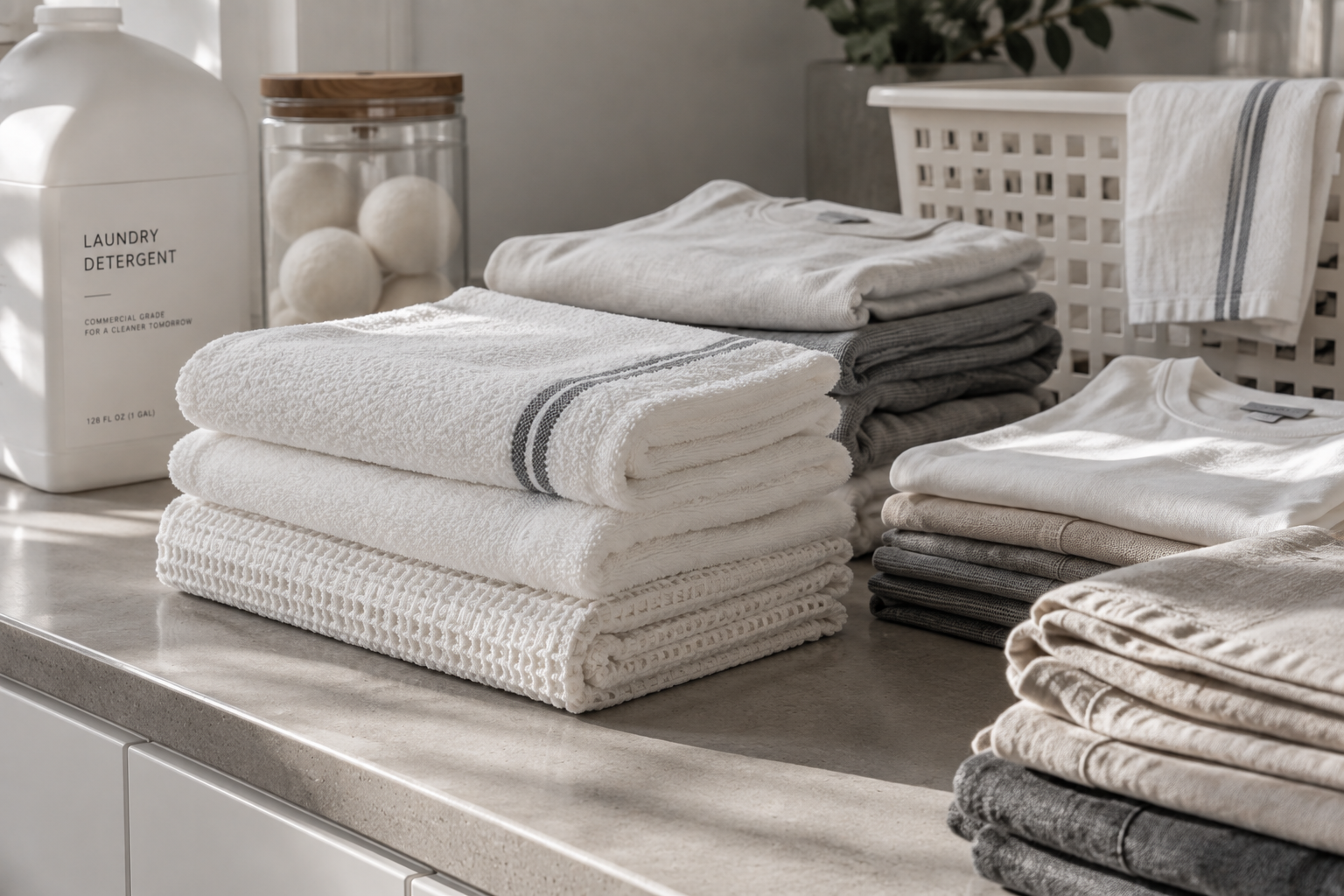 Neatly folded towels and clothing on a light-colored countertop, with laundry detergent and laundry balls in the background.