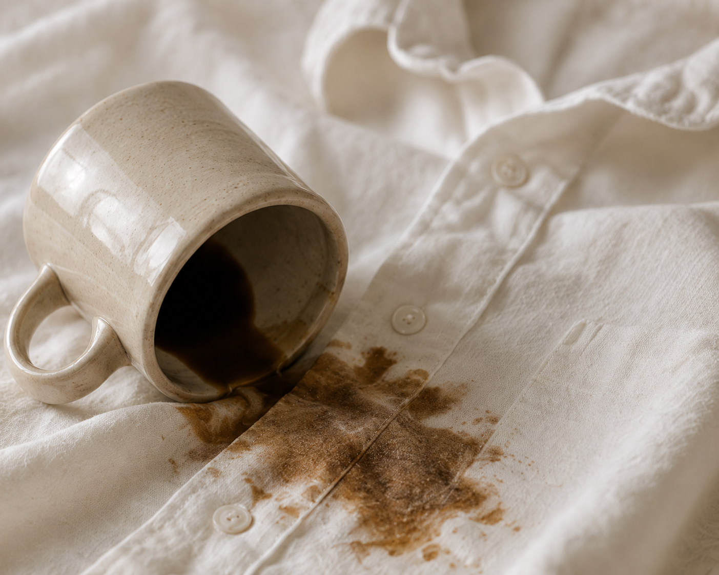A beige ceramic coffee mug tipped over, spilling dark coffee onto a white button-up shirt.