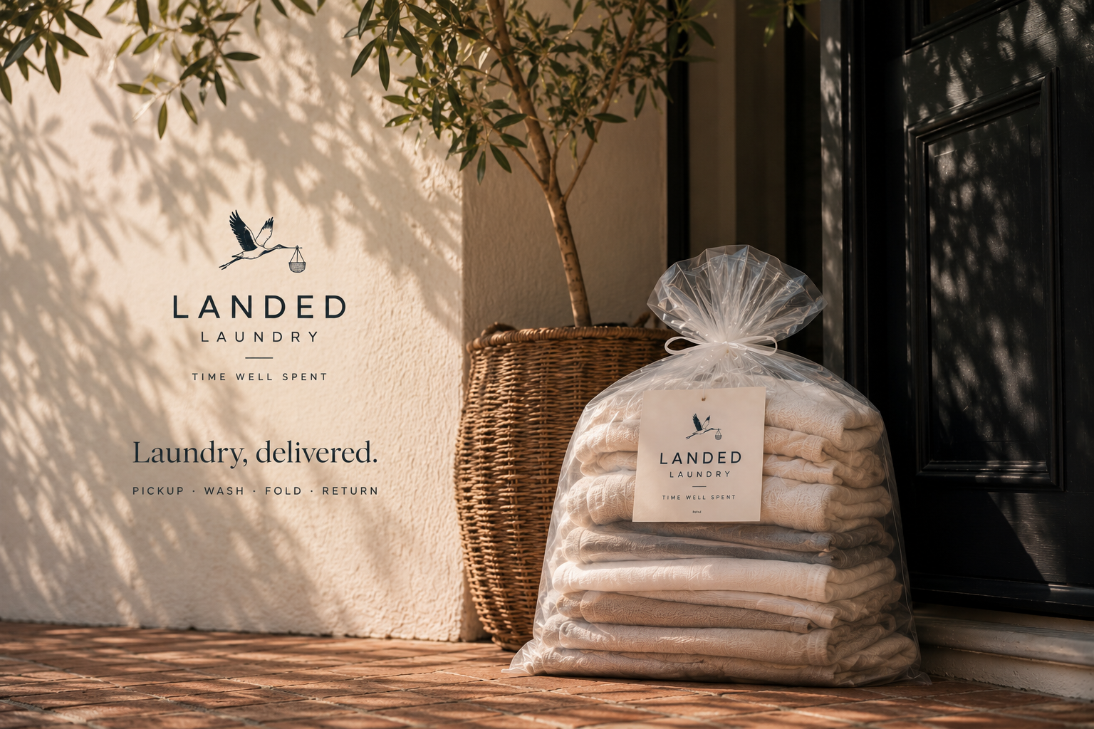A large transparent plastic bag filled with folded light-colored laundry towels, sealed with a white ribbon and labeled with a tag that reads 'Landed Laundry.' Next to it is a tall woven basket with a tree in it, placed against a white wall with shadows from leaves. To the left, the wall features a logo of a bird carrying a laundry basket and text saying 'Landed Laundry, Time Well Spent, Laundry delivered, Pickup, Wash, Fold, Return.'