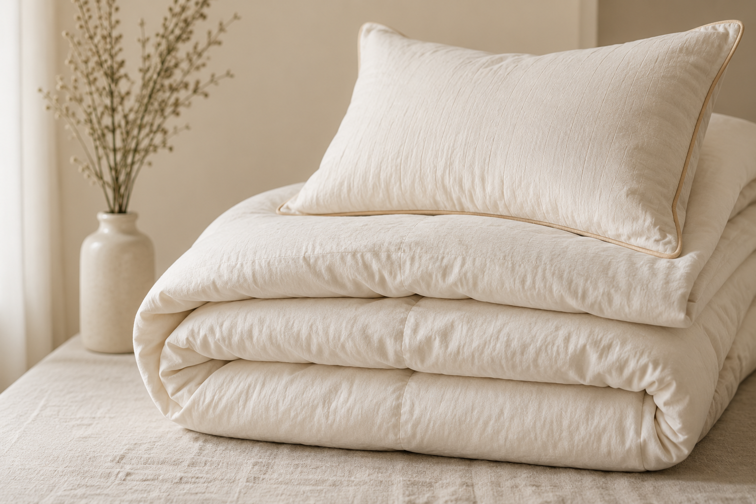 Stacked beige bed comforter and pillow on a bed with a vase of branches in the background.