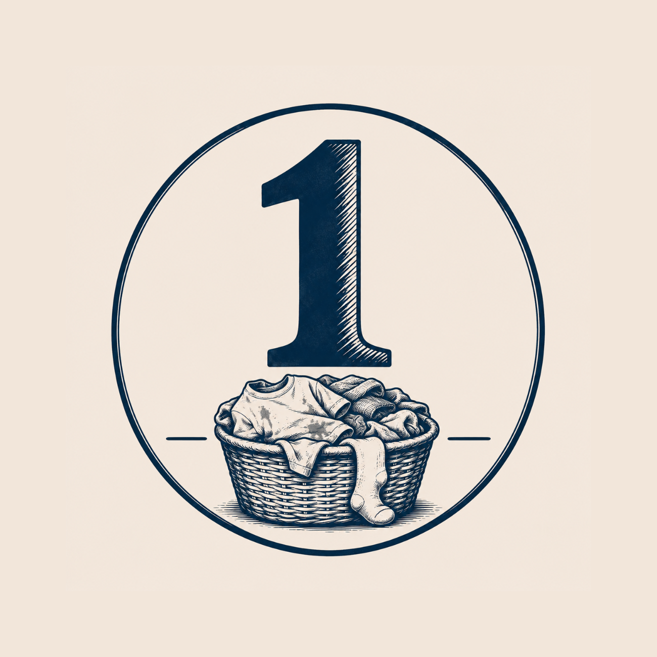 Number one inside a circle with a laundry basket filled with clothes and a sock below it.