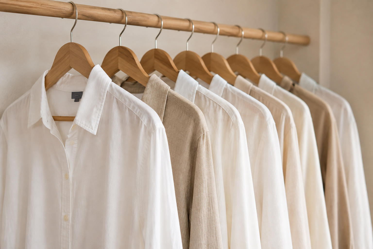 A row of white and beige button-up shirts hanging on wooden hangers on a clothing rack.