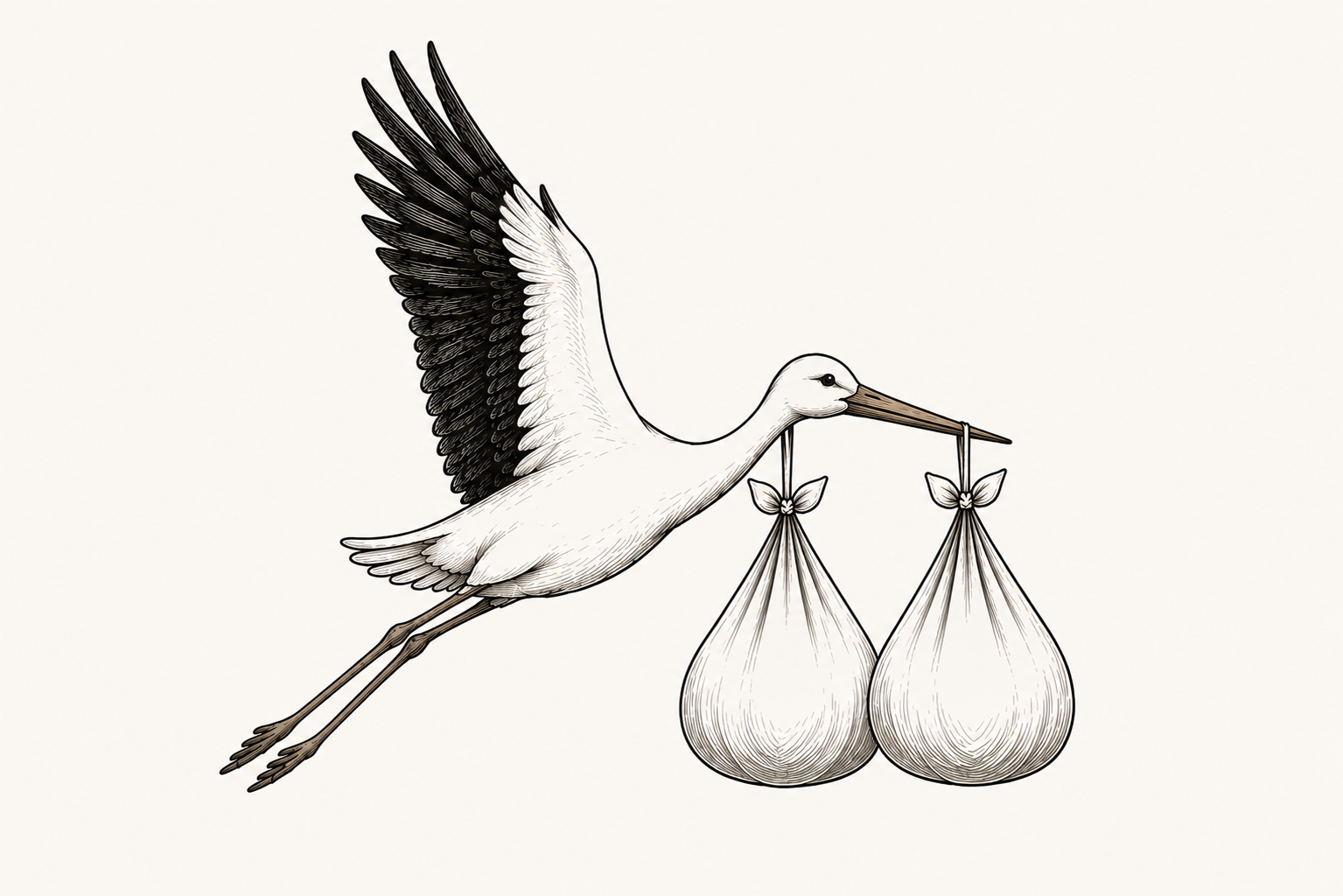 Illustration of a stork flying, carrying two tied cloth bags hanging from its beak, with wings partially spread.