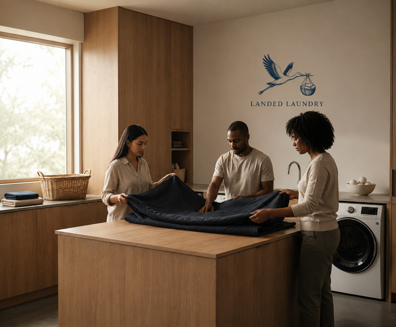 Three people folding a dark blue blanket on a wooden kitchen island. In the background, a window and cabinets, with a sign that says "Landed Laundry" and a stork graphic holding a basket. A laundry machine is visible to the right.