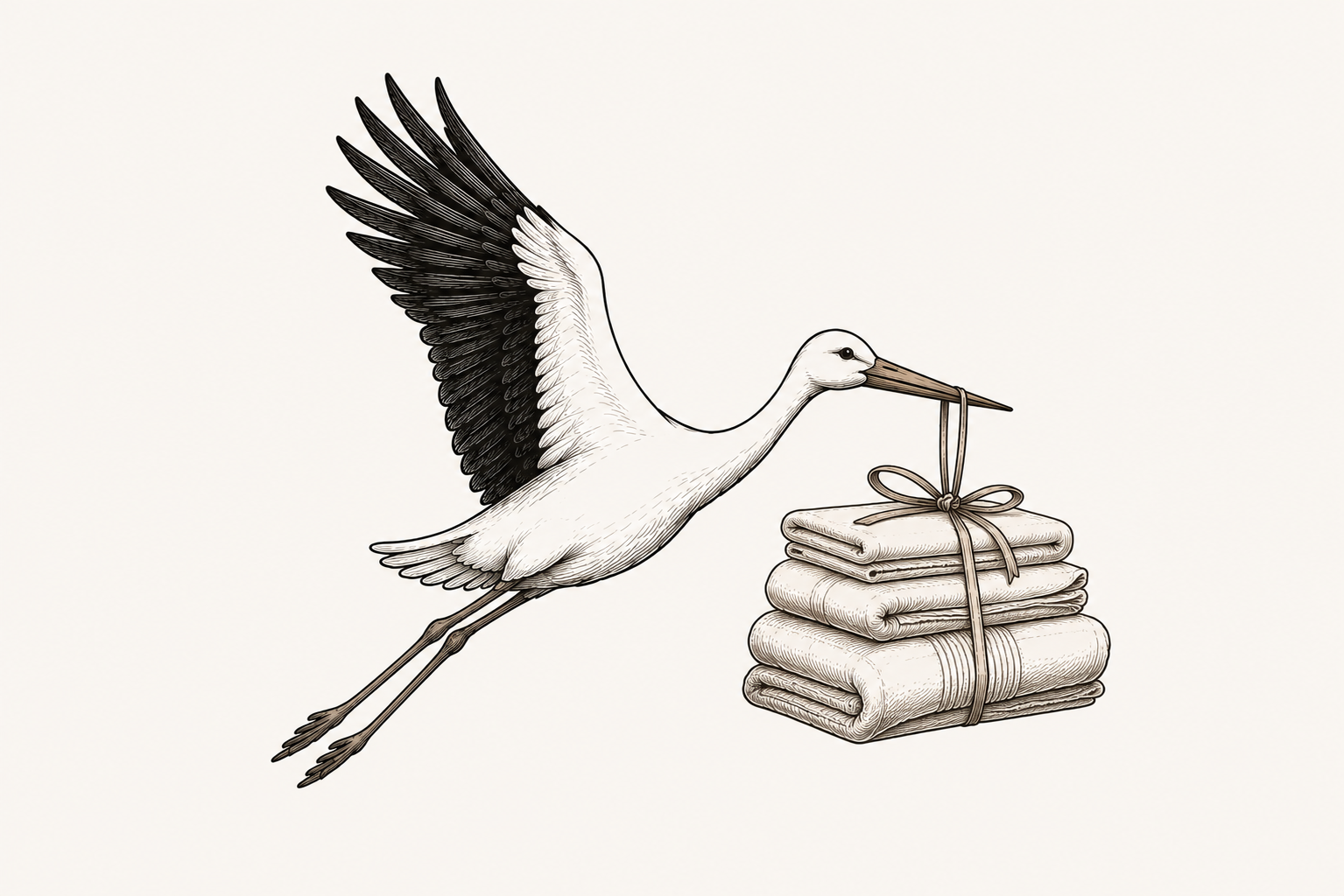 An illustration of a stork flying, carrying a bundle with towels hanging from its beak, with its wings spread out.