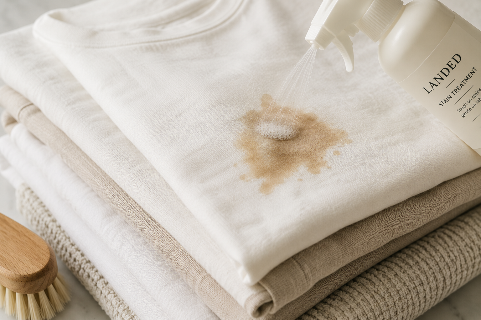 A stain removal treatment being applied to a white fabric with a spray bottle and a container labeled 'Landed Stain Treatment'. The fabric is laid out on top of neatly folded towels in neutral tones.
