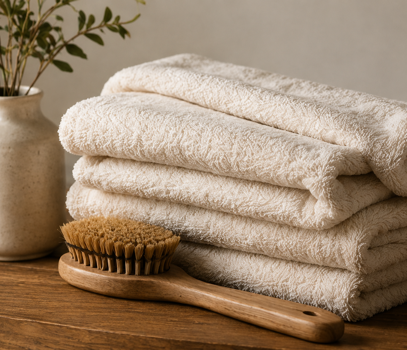 Stacked white textured towels on a wooden surface with a natural bristle scrub brush and a ceramic vase with green leaves in the background.