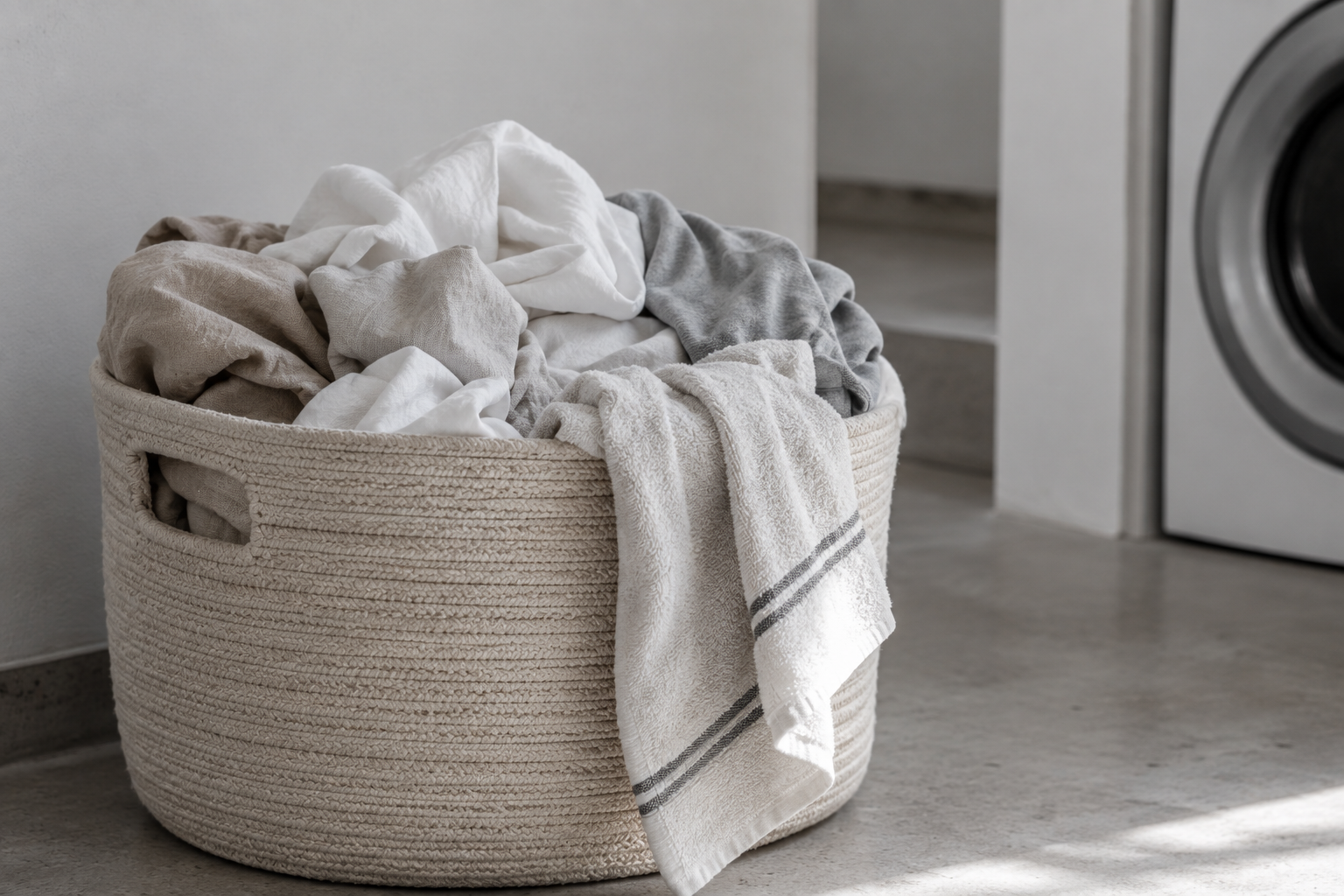 A woven laundry basket filled with crumpled clothes, including white, beige, and gray fabrics, placed on a concrete floor near a gray wall and a front-loading washing machine.