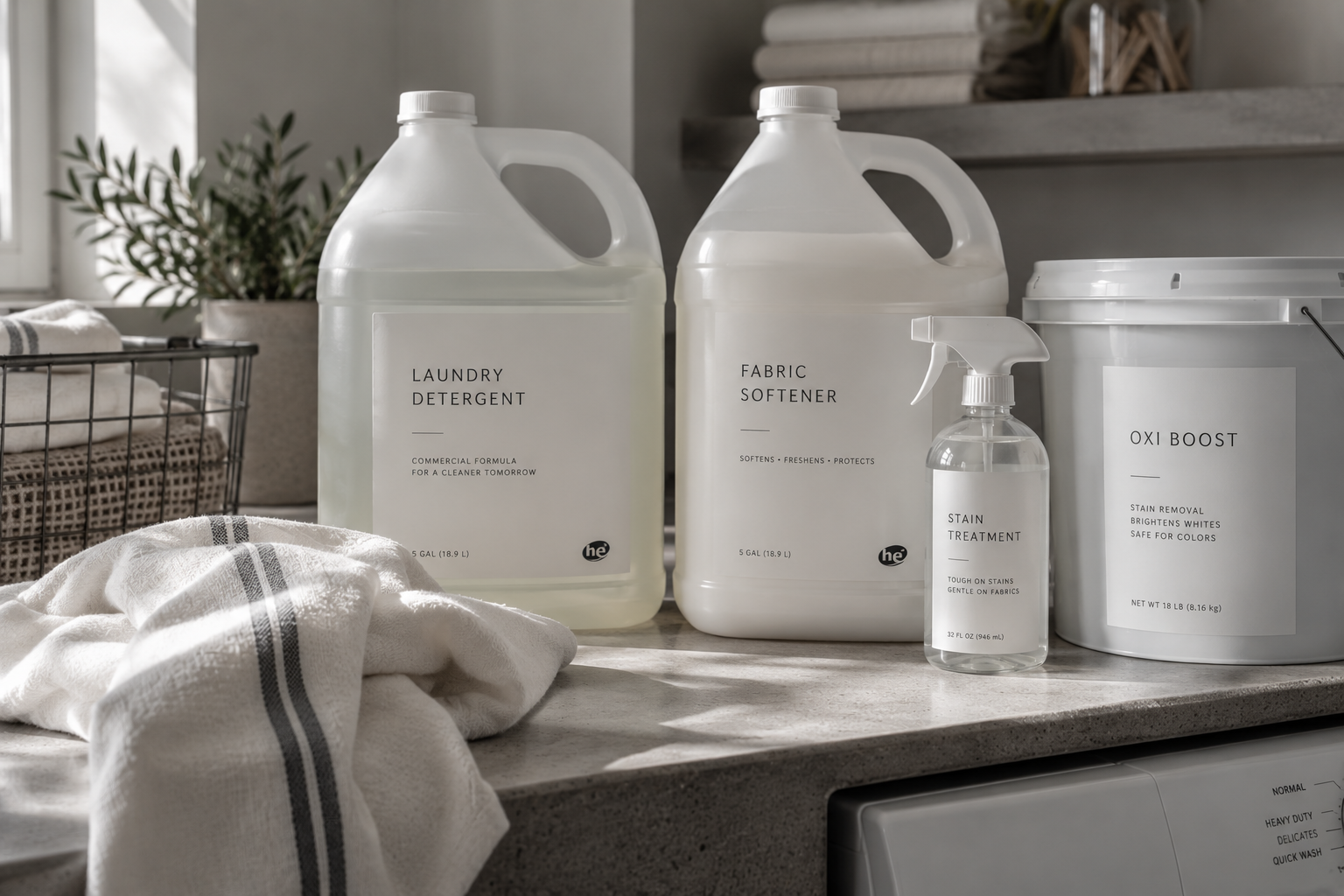 Cleaning supplies on a laundry room countertop, including laundry detergent, fabric softener, stain treatment spray, and Oxi Boost, with a laundry basket and a plant in the background.