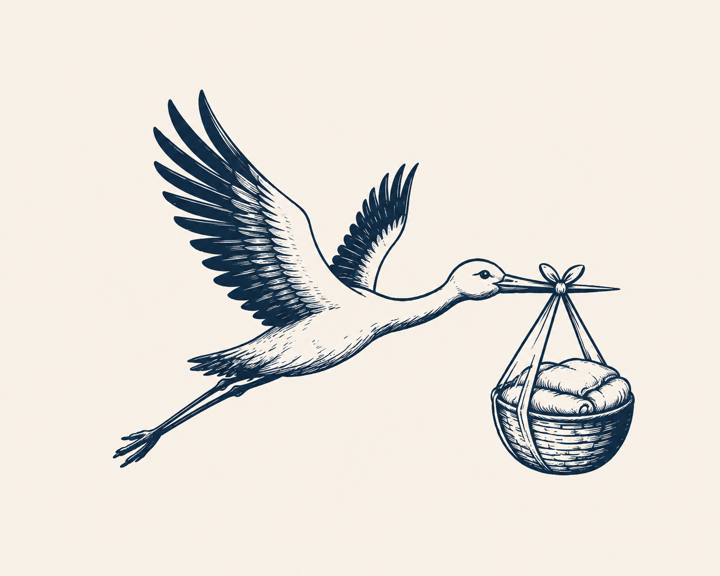 A detailed line drawing of a stork flying and carrying a basket with laundry.