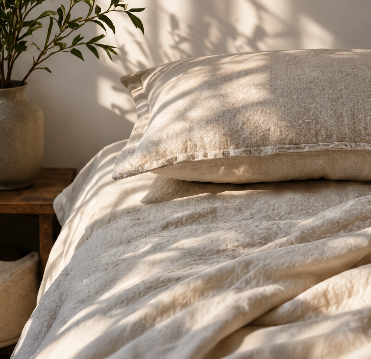 Close-up of a bed with beige linen bedding and a pillow, next to a wooden nightstand with a potted green plant, lit by sunlight creating soft shadows.