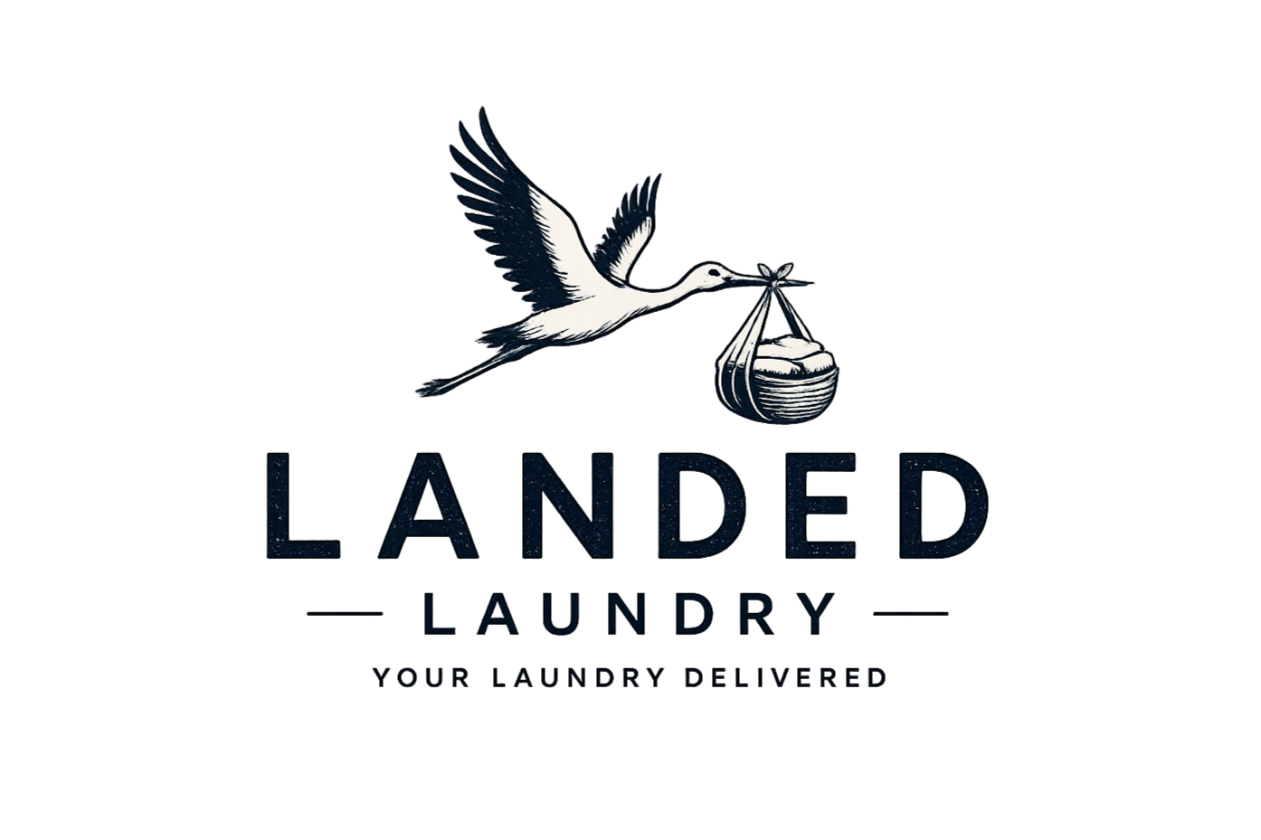 A logo for Landed Laundry featuring a stork carrying laundry in a bag and the tagline "Your Laundry Delivered."