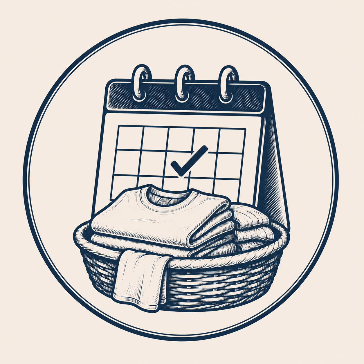 A basket of folded clothes in front of a desk calendar with a checkmark, within a circular border.