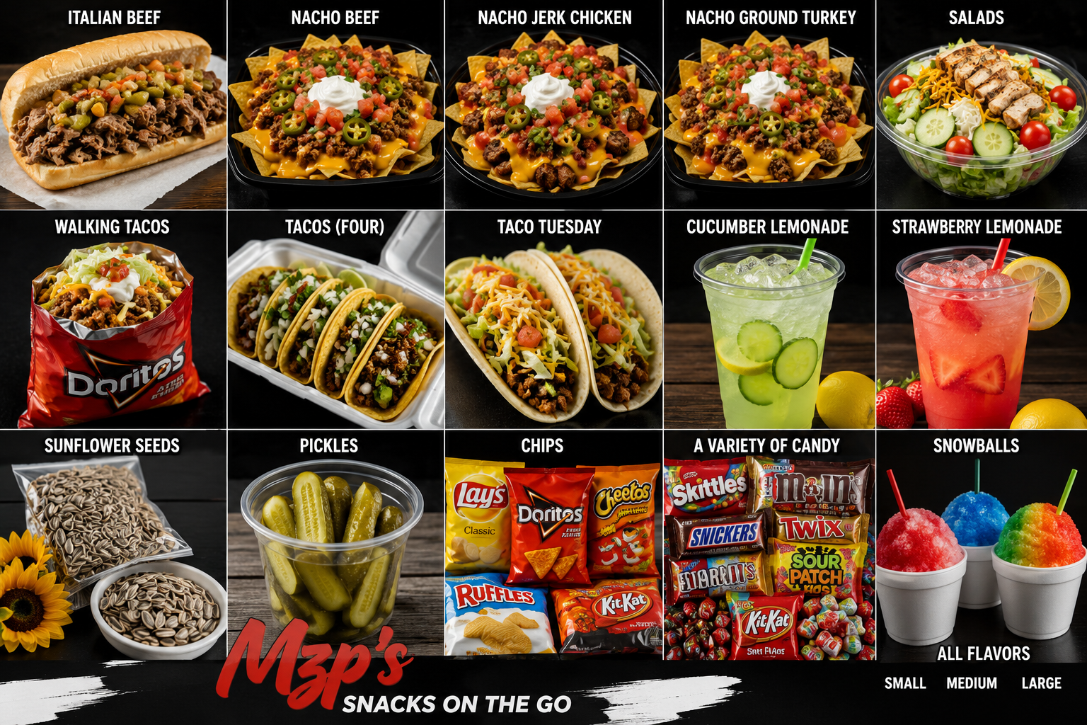 A collage of snack foods including a hot dog with Italian beef, bowls of nacho beef, nacho jerk chicken, and nacho ground turkey, a salad, walking tacos, tacos, Taco Tuesday, cucumber lemonade, strawberry lemonade, sunflower seeds, pickles, chips, as