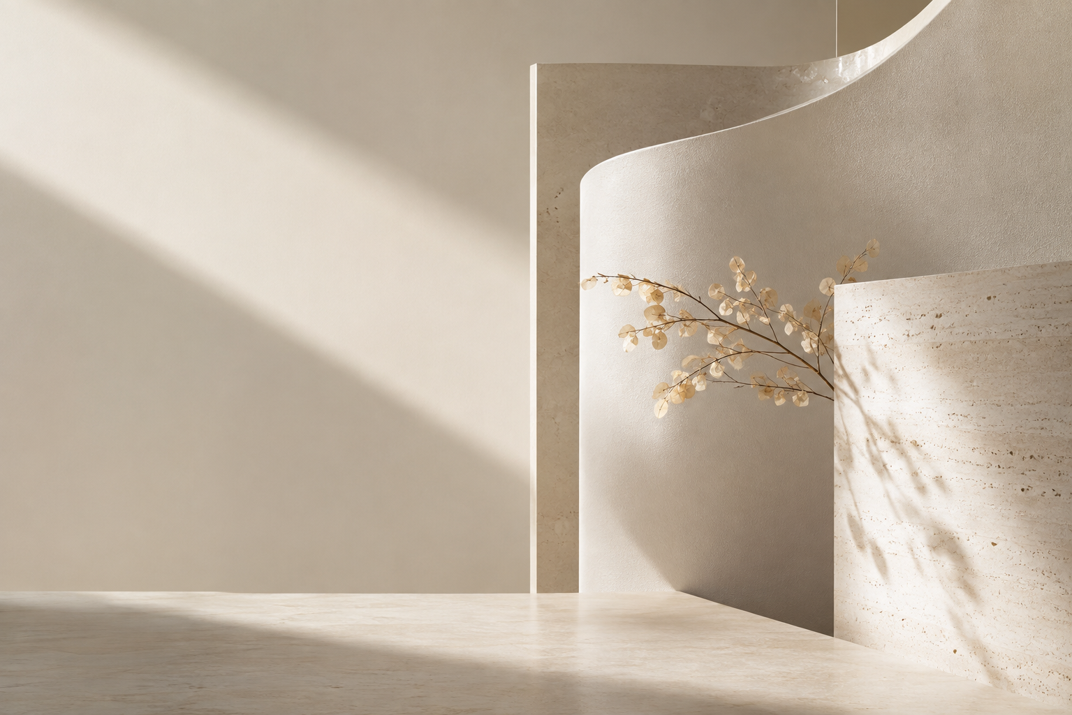 Minimalist beige interior with curved wall, light-colored surface, and a branch with dried leaves casting shadows.