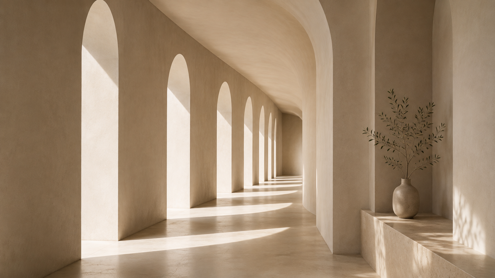 A minimalist corridor with beige walls and arched openings, sunlight casting shadows on the floor. A beige vase with green leafy branches on a ledge to the right.
