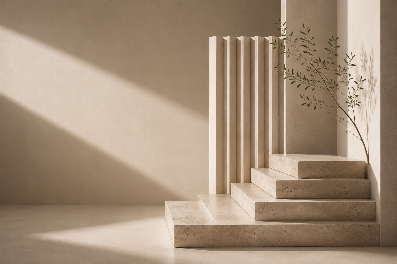 Minimalist interior space with beige concrete stairs, a slender branch with leaves, and soft natural lighting creating shadows.