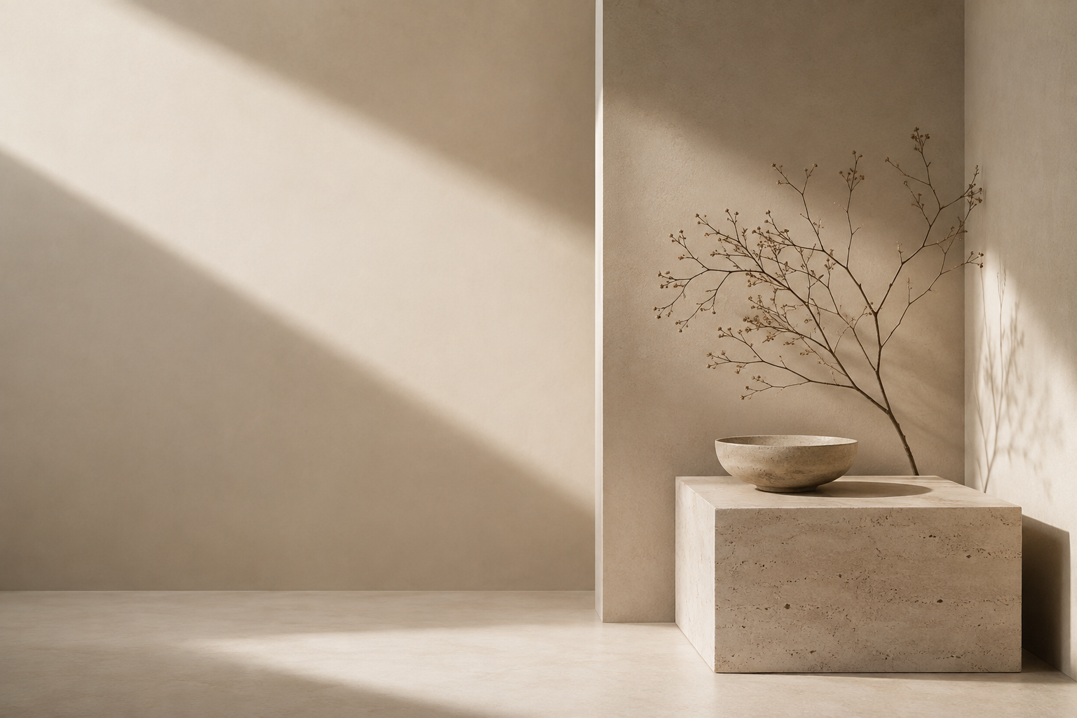 Minimalist interior with a beige stone pedestal, a matching stone bowl on top, and a shadowed barren branch against a textured beige wall and floor.