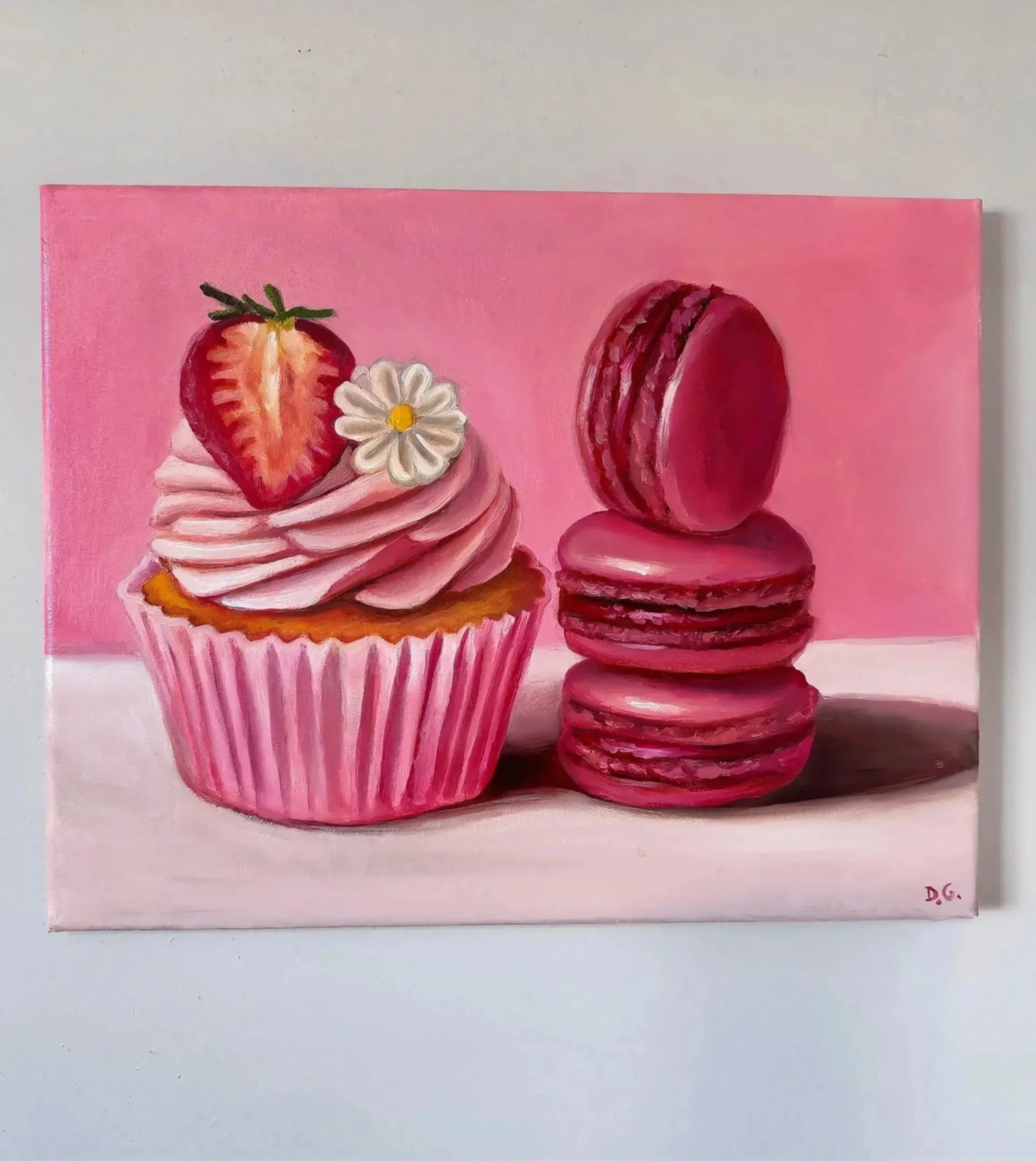 Oil Painting Pink Strawberry Cupcake and Macarons