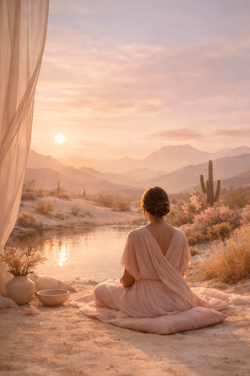 A woman sitting on a cushion by the water at sunset in a desert landscape with cacti and mountains in the background.