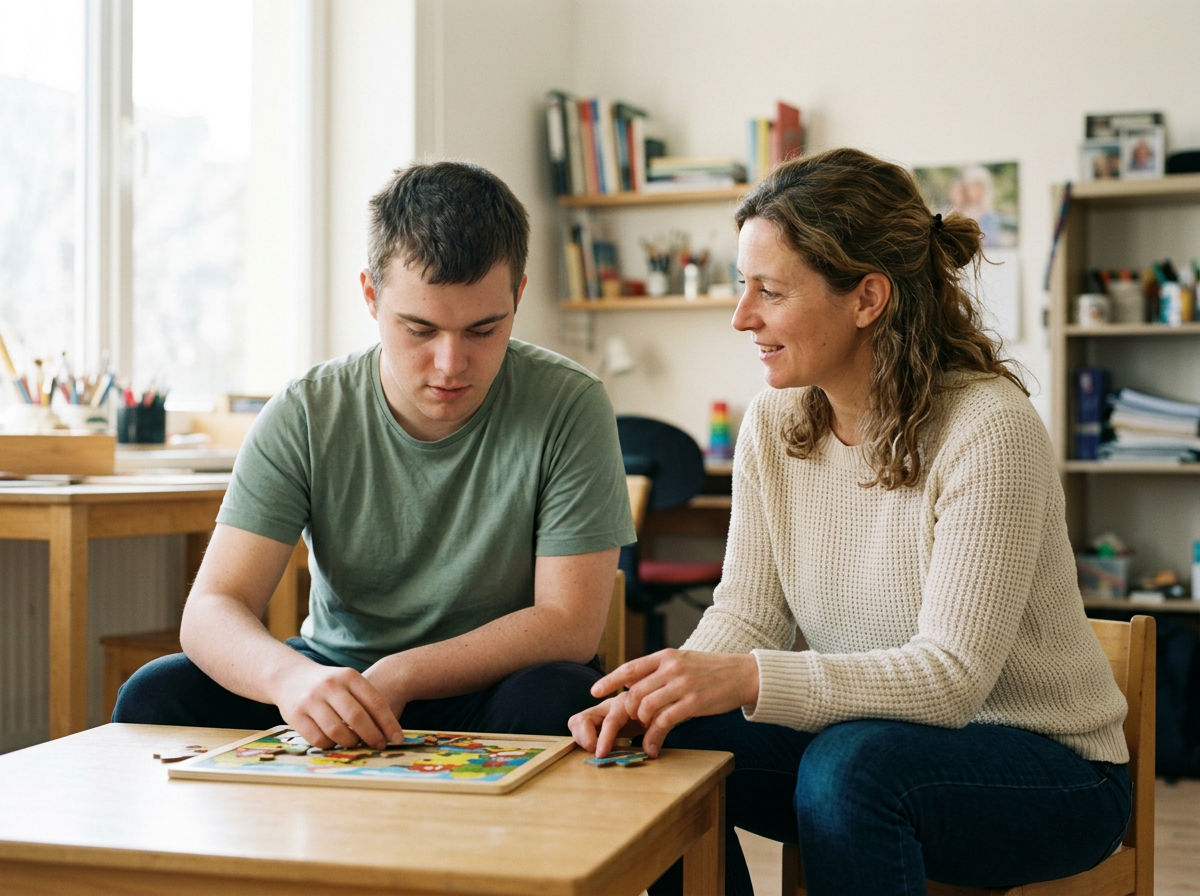 A woman and a teenage boy playing a puzzle together at a wooden table in a cozy, well-lit room.