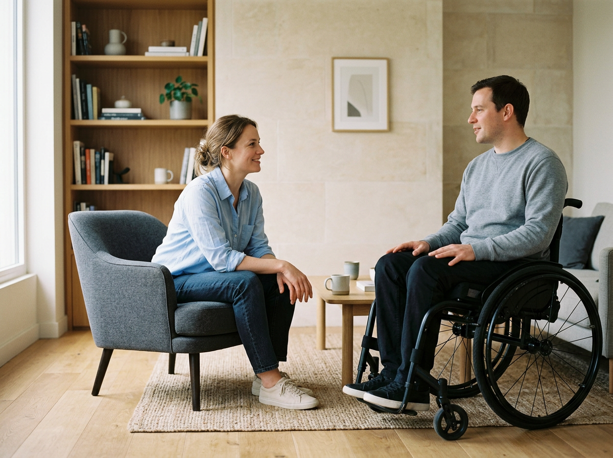 A woman and a man in a wheelchair having a conversation in a cozy living room with a bookshelf, framed artwork, and coffee mugs.