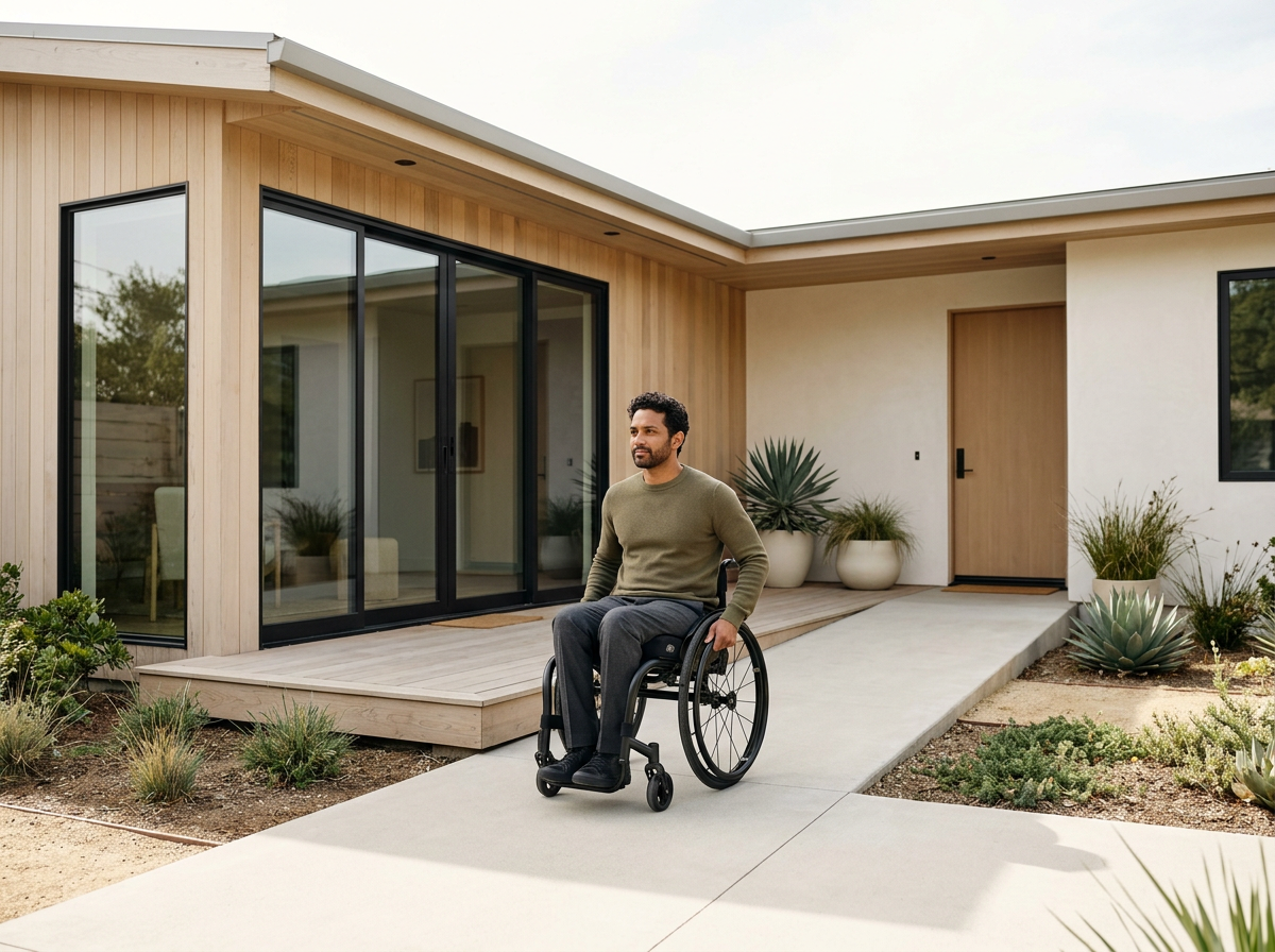 A man in a wheelchair outdoors in front of a modern house with large sliding glass doors and potted plants.
