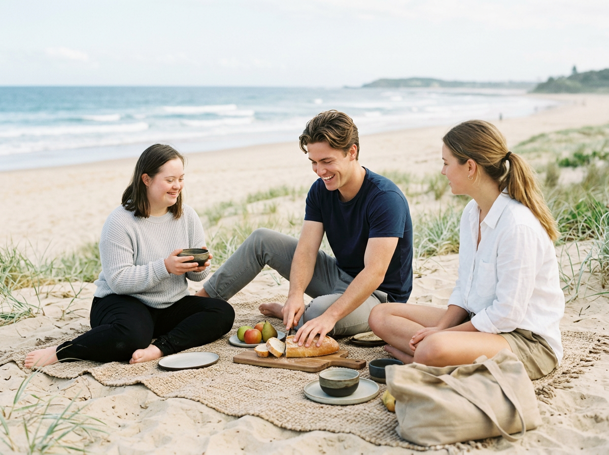 Three friends having a picnic on the beach with bread, apples, and tea or coffee.