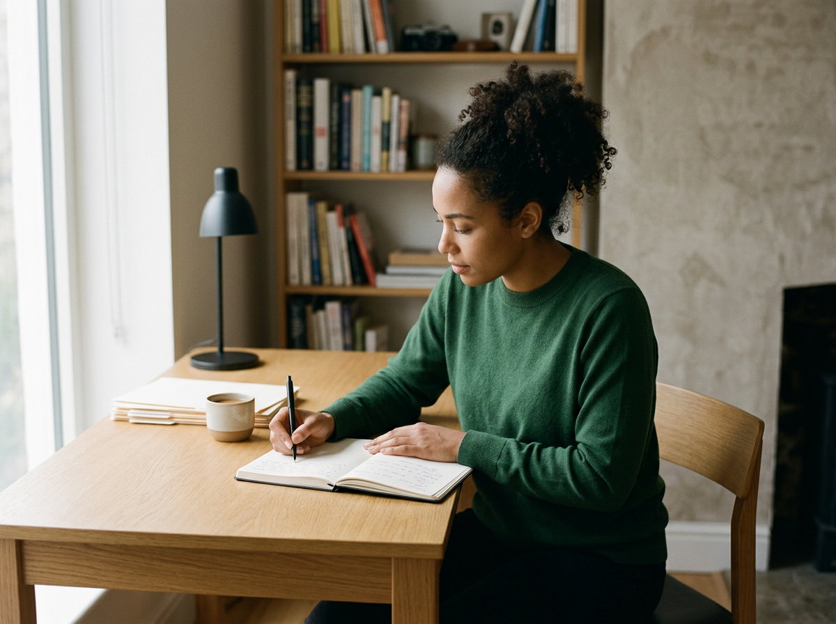 A woman with curly hair, wearing a green sweater, sitting at a wooden table, writing in a notebook.