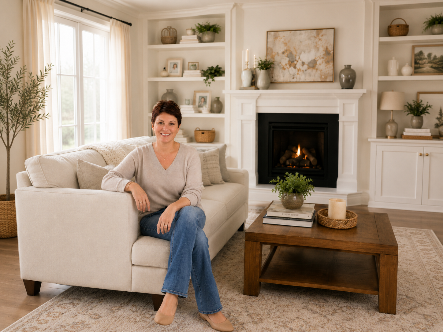 A woman sitting on a cream-colored sofa in a cozy living room, smiling at the camera, with a fireplace and built-in bookshelves in the background.
