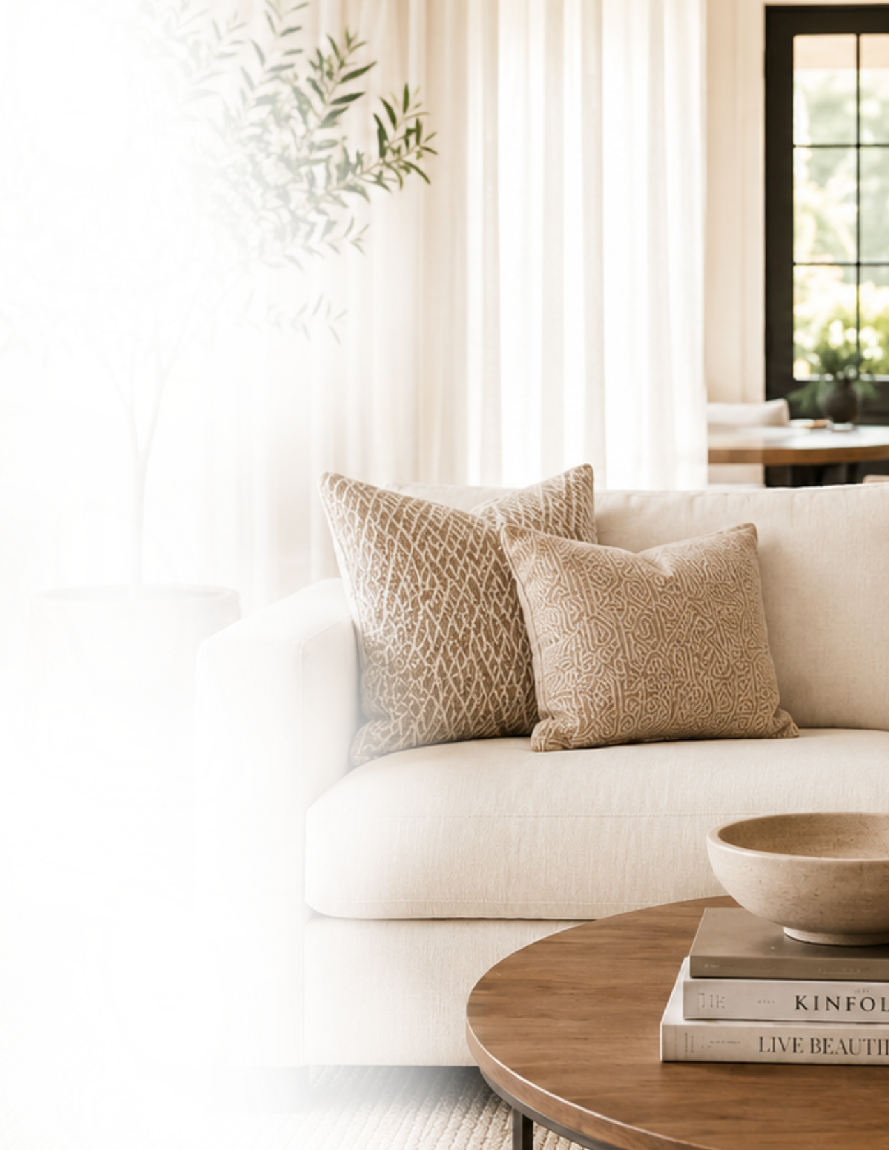 Living room with a cream-colored sofa, decorative pillows, a wooden coffee table with books and a bowl, cream curtains, and a window with greenery outside.