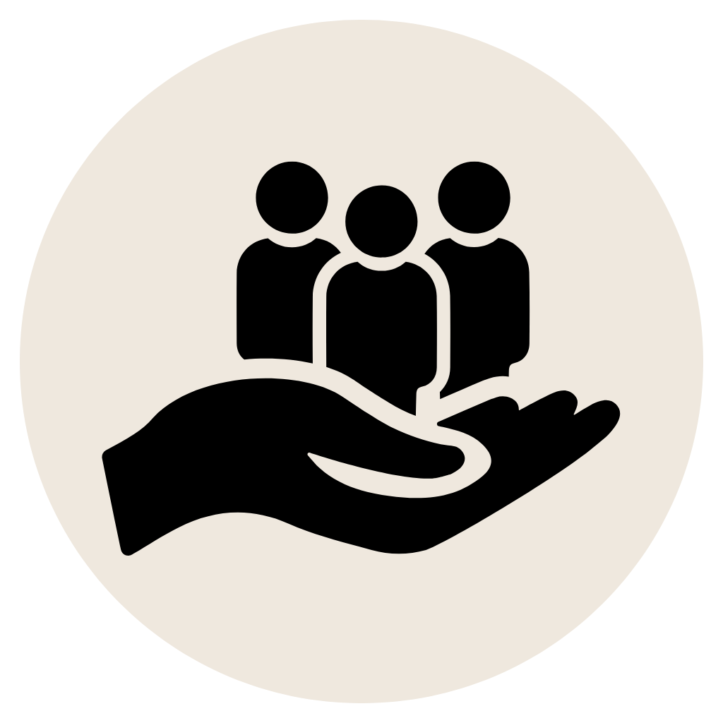 Illustration of a hand supporting three people, representing community support or care.