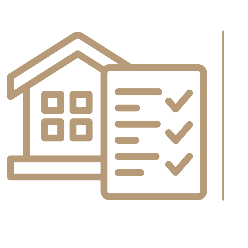Outline of a house and a checklist with three checked items, representing housing or property management.