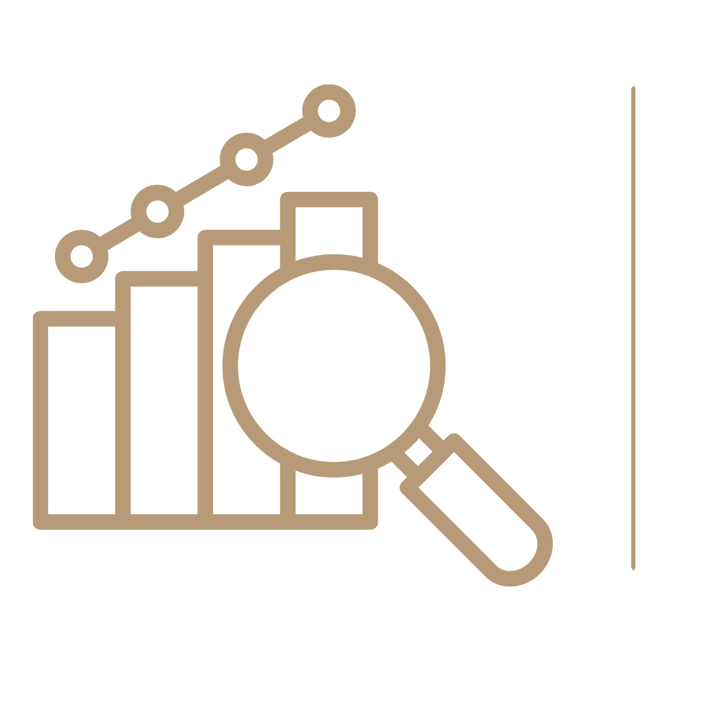 Graph with bar chart, line chart, and magnifying glass displaying data analysis.