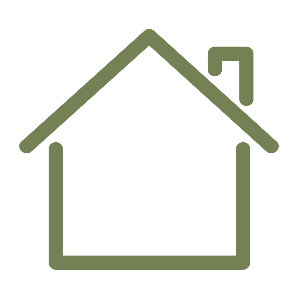 Outline icon of a house with a chimney, drawn in olive green.