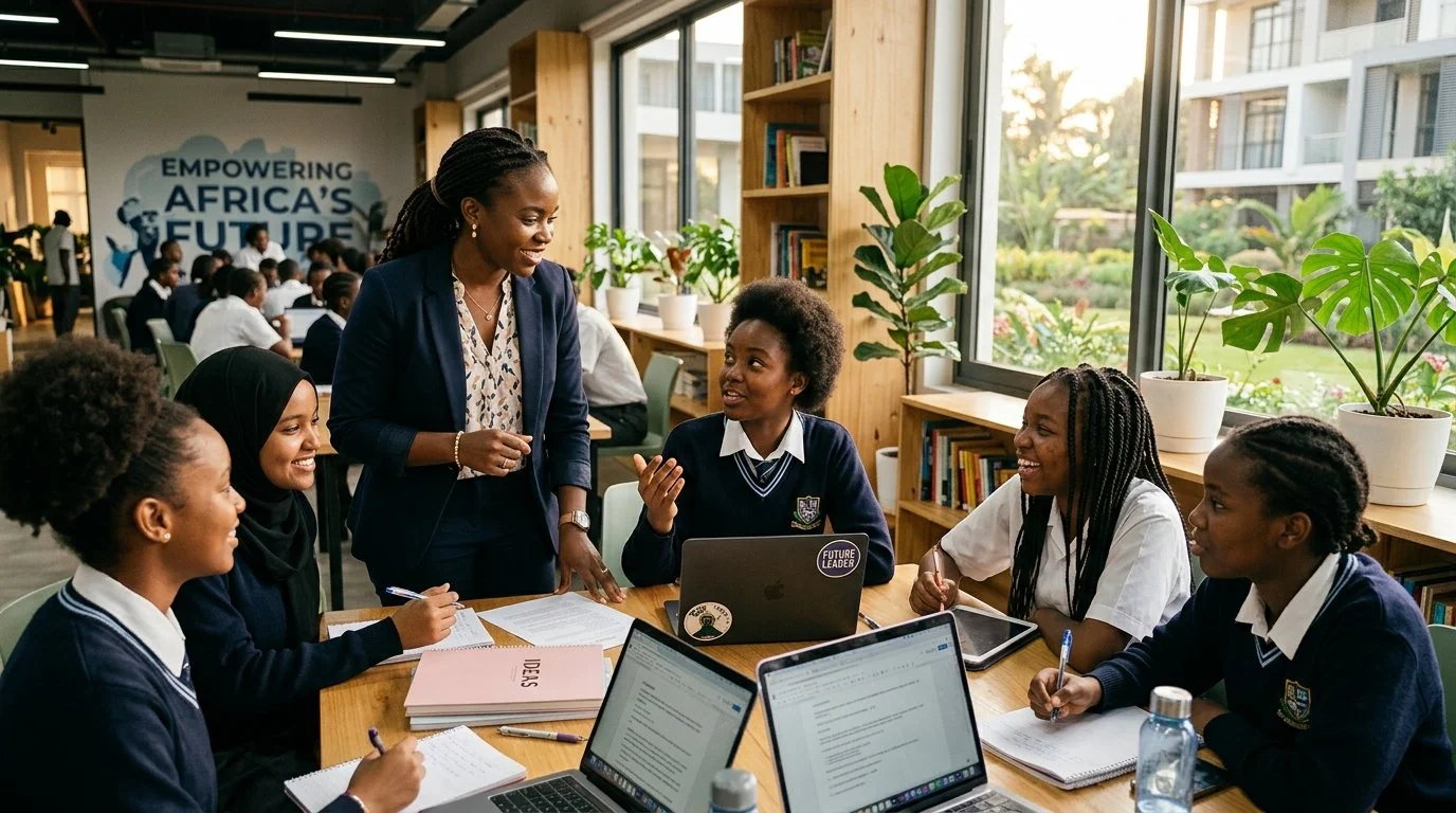 A group of diverse schoolgirls in uniform sitting around a table with laptops and notebooks, engaging with a teacher in a well-lit classroom with large windows and bookshelves.