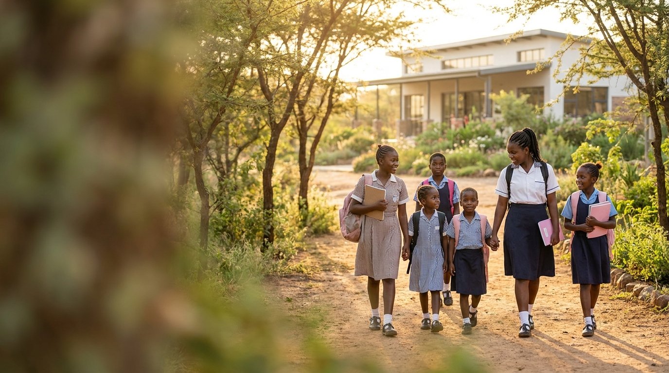 Six school children, four girls and two boys, dressed in school uniforms, walking and talking together outside on a dirt path near a modern building, holding notebooks and backpacks, during sunset.