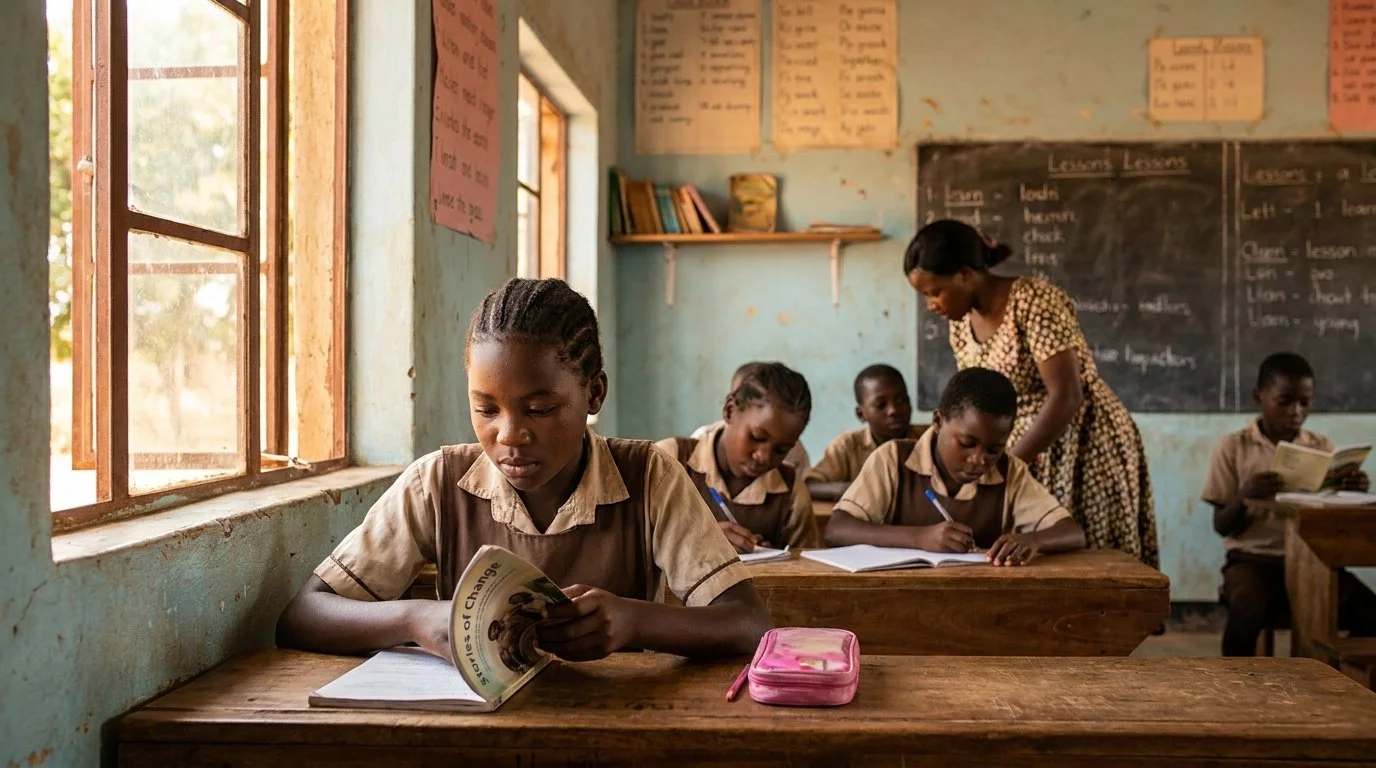 Students in a classroom during daytime, sitting at wooden desks, reading and writing, with a teacher assisting, blackboard with lesson plans in the background, and open windows letting in natural light.