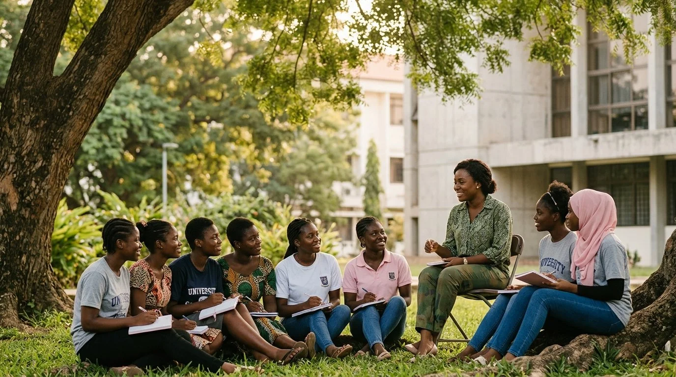 A group of diverse young women sitting on grass under a tree, listening to a woman in a green shirt leading a discussion outdoors.