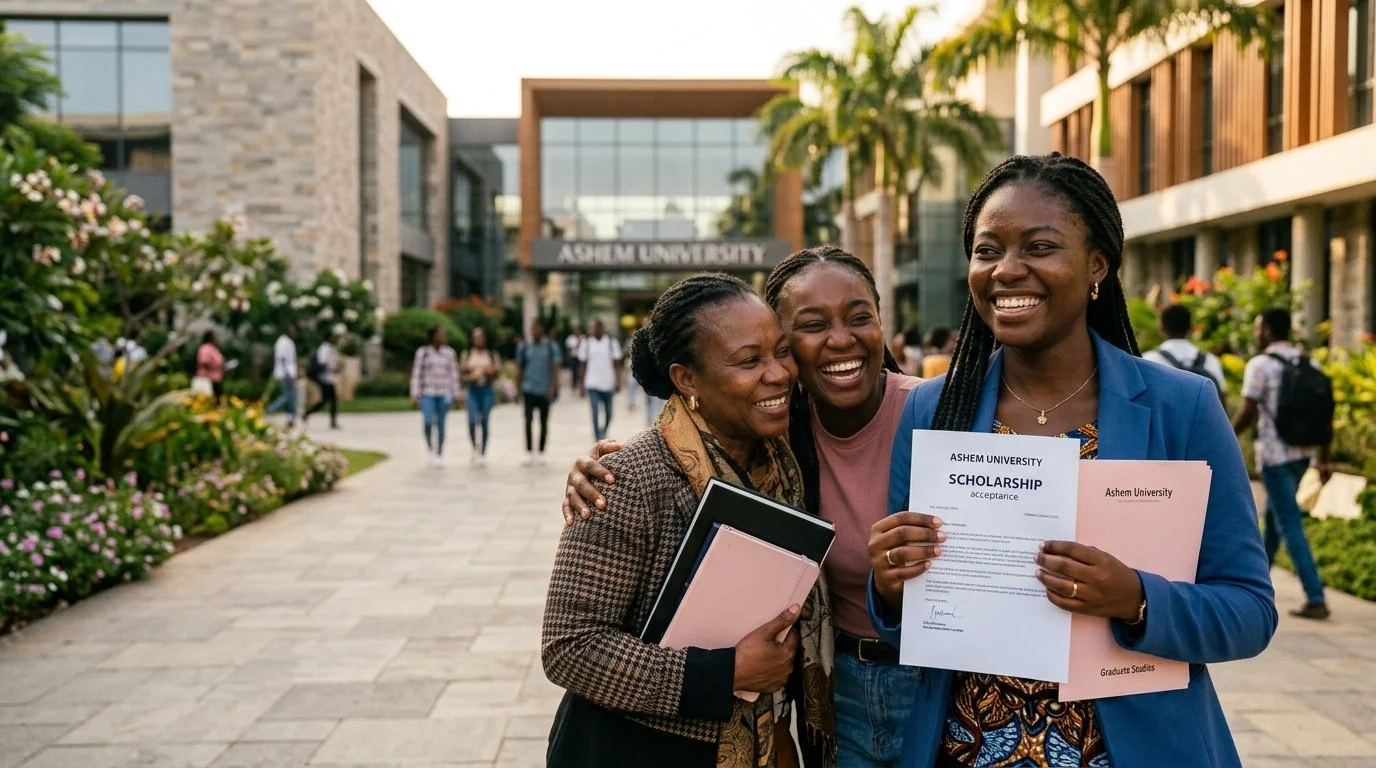 A smiling young woman holding a scholarship acceptance letter and folder on a university campus, with two other women hugging her, in front of ASHEM University sign and modern campus buildings, surrounded by trees and flowers.
