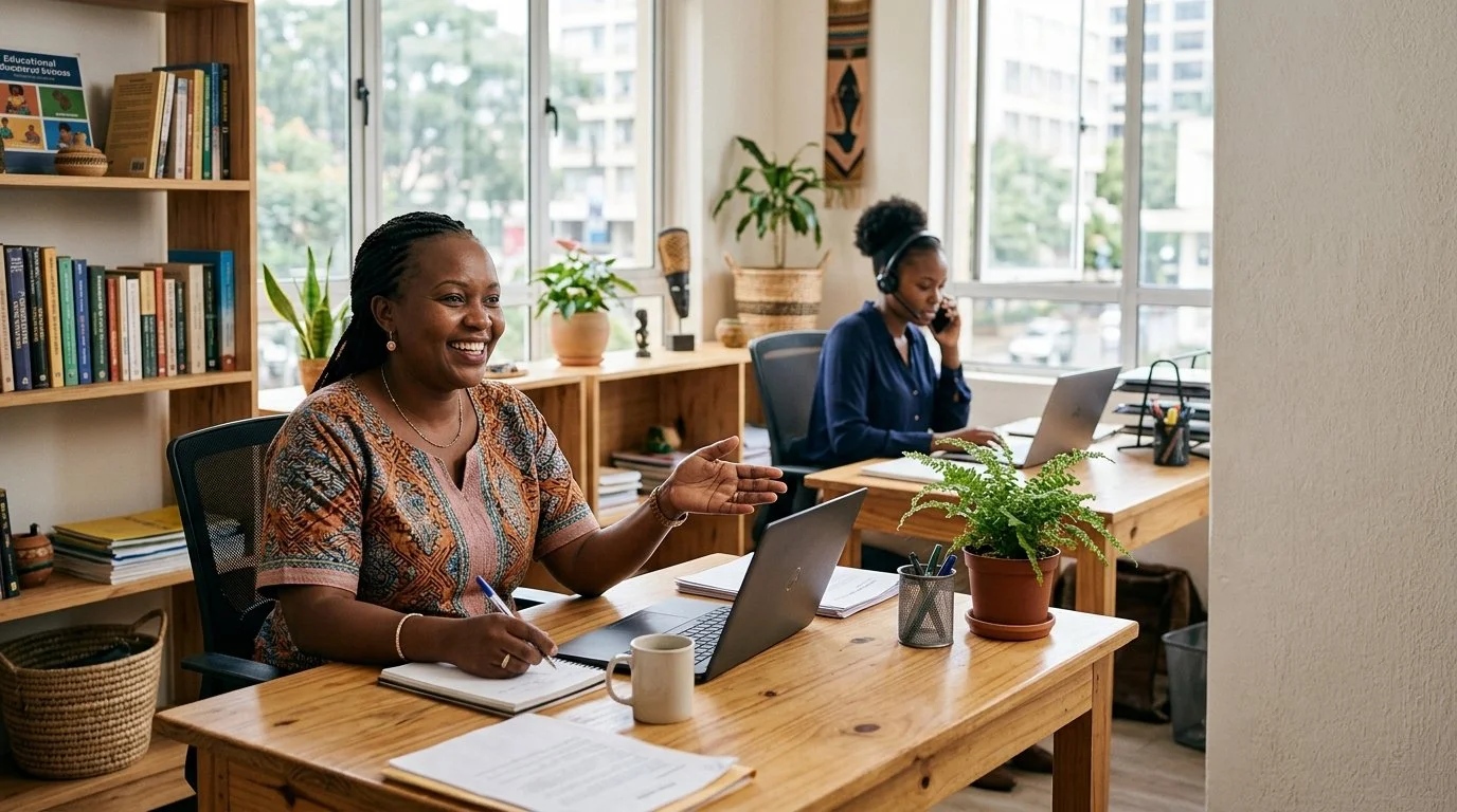 Two women working at desks in a bright office, one smiling and gesturing while the other talks on the phone and uses a laptop.