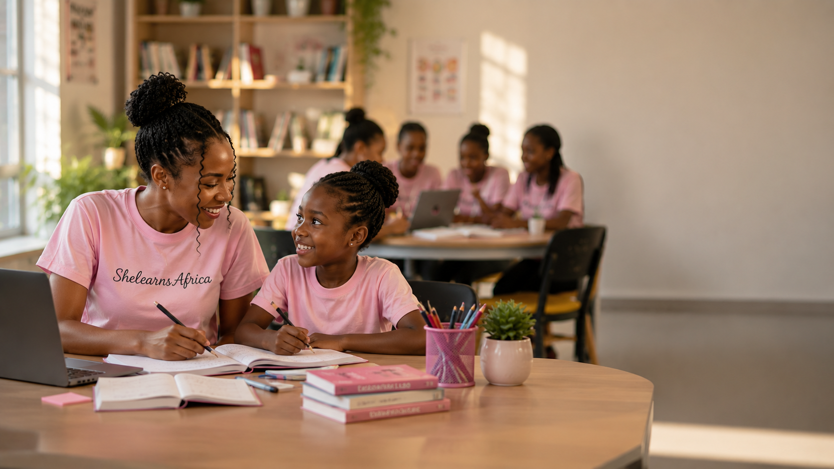 A woman and young girl smiling at each other while studying at a table. The woman wears a pink T-shirt reading 'Shelearns Africa'. In the background, other women in pink T-shirts are working together at a table, with a laptop and books. The room is b